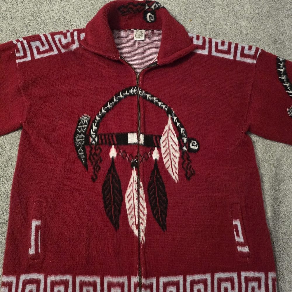 Vintage Yarina Red Native American Wool Zip Sweater Dreamcatcher Unisex Size XXL